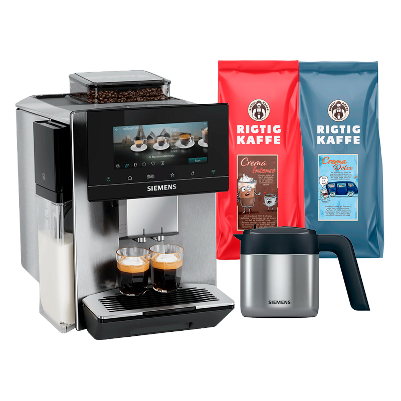 Siemens TQ925EZ3 EQ900 Plus Espressomaskine Inkl. AutoCalc'n Clean, Termokande & 2 kg Rigtig Kaffe Hele Kaffebønner