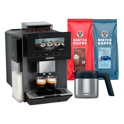 Siemens TQ925EZ5 EQ900 Plus Espressomaskine Inkl. AutoCalc'n Clean, Termokande & 2 kg Rigtig Kaffe Hele Kaffebønner