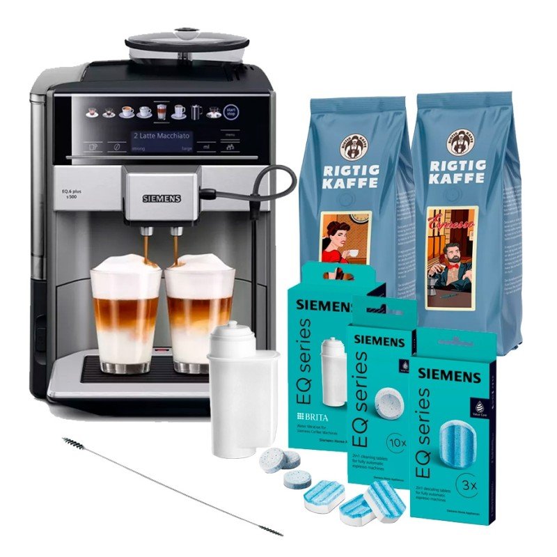 Siemens TE655203RW EQ6 Plus s500 Espressomaskine Inkl. Plejepakke og 1 Kg Hele Kaffebønner