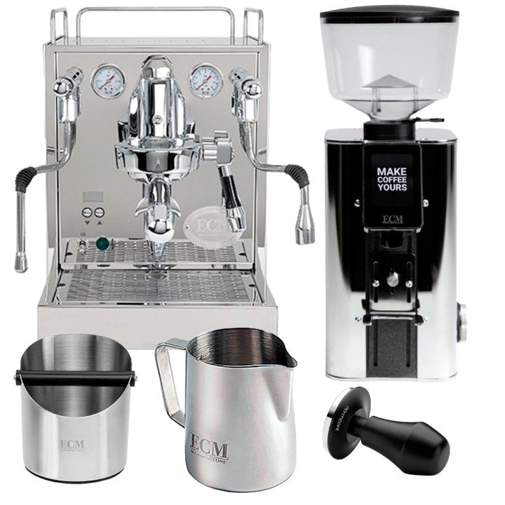 ECM Mechanika MAX II Espressomaskine Inkl. ECM Exacto Stål Espressokværn, Mælkekande, Knockbox & Tamper
