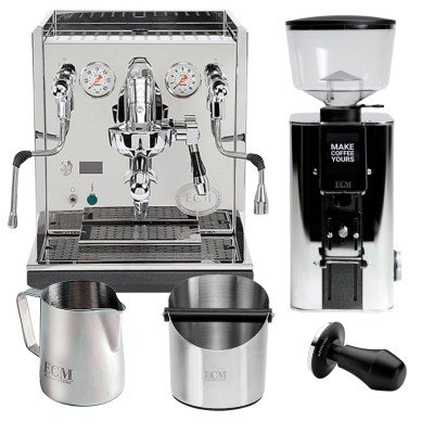 ECM Synchronika II Espressomaskine Inkl. ECM Exacto Stål Espressokværn, Knockbox, Tamper & Mælkekande