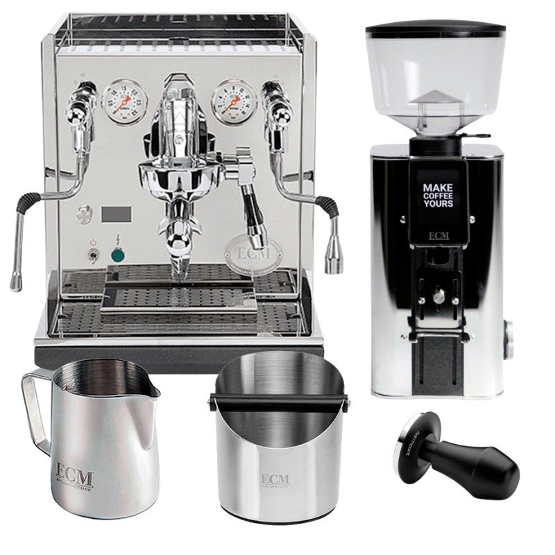 ECM Synchronika II Espressomaskine Inkl. ECM Exacto Stål Espressokværn, Knockbox, Tamper & Mælkekande