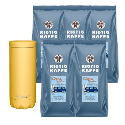 Rigtig Kaffe Dolce Crema 5x1kg Hele kaffebønner Inkl. Scanpan Termokrus 0,28 L Sunshine