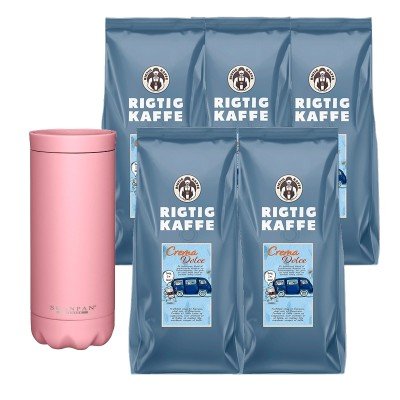 Rigtig Kaffe Dolce Crema 5x1kg Hele kaffebønner Inkl. Scanpan Termokrus 0,28 L Candy Pink