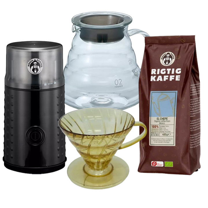 Hario Filterbryg Sæt Inkl. V60 Dripper Tsukimi Gul, Server 0,6 L, Kaffemølle & 400g Rigtig Kaffe