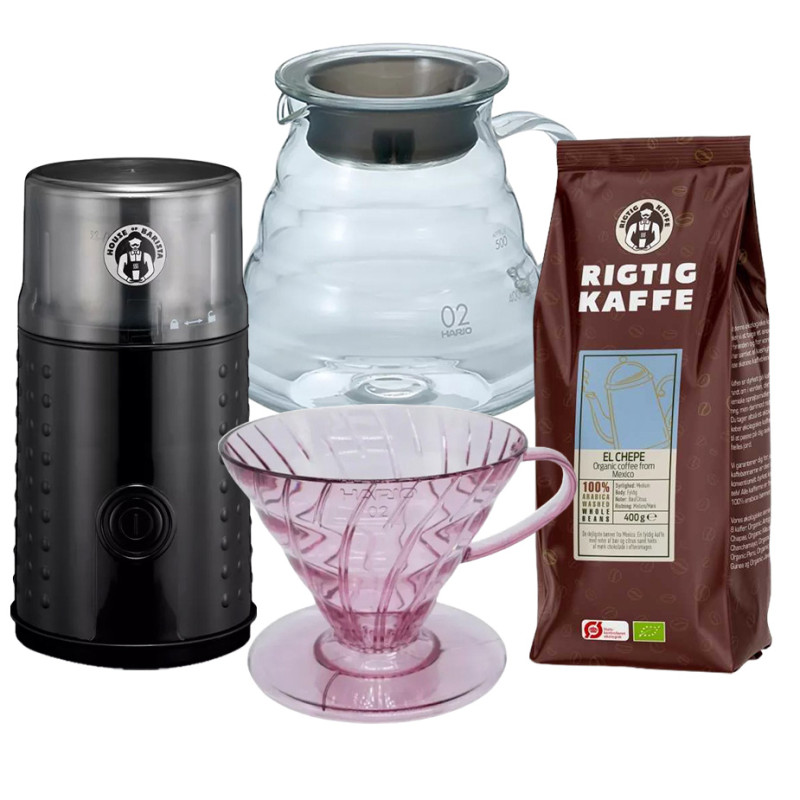 Hario Filterbryg Sæt Inkl. V60 Dripper Sakura Pink, Server 0,6 L, Kaffemølle & 400g Rigtig Kaffe