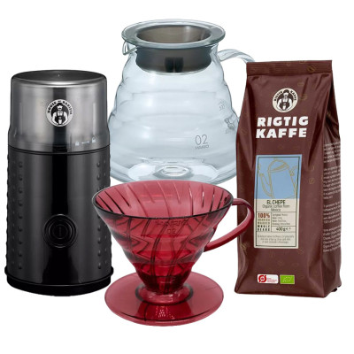 Hario Filterbryg Sæt Inkl. V60 Dripper Momiji Rød, Server 0,6 L, Kaffemølle & 400g Rigtig Kaffe