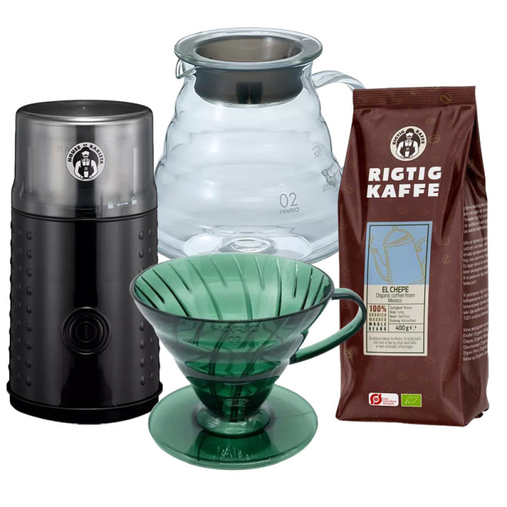 Hario Filterbryg Sæt Inkl. V60 Dripper Bonsai Grøn, Server 0,6 L, Kaffemølle & 400g Rigtig Kaffe
