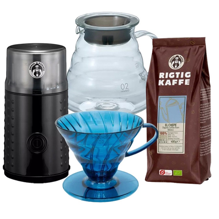 Hario Filterbryg Sæt Inkl. V60 Dripper Aizome Blå, Server 0,6 L, Kaffemølle & 400g Rigtig Kaffe