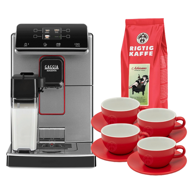 Gaggia Magenta Prestige Glazed Grey Espressomaskine Inkl. 4x Club House Tulipano Cappuccino m. Underkop Rød & 500g Rigtig Kaffe