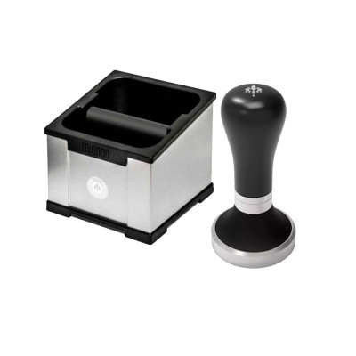 Eureka Mignon Knock Box Polished Natural Silver Inkl. Tamper Perfect Grip Sort 58 mm