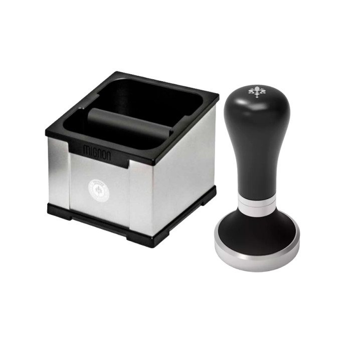 Eureka Mignon Knock Box Polished Natural Silver Inkl. Tamper Perfect Grip Sort 58 mm