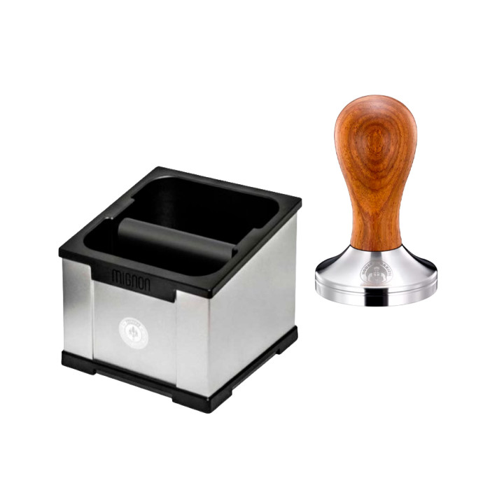 Eureka Mignon Knock Box Polished Natural Silver Inkl. House of Barista Tamper Pæretræ 58 mm
