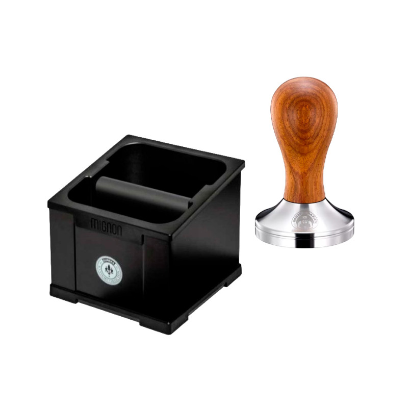 Eureka Mignon Knock Box Sort Inkl. House of Barista Tamper Pæretræ 58 mm