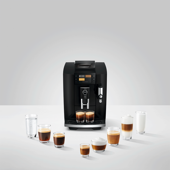 Jura E8 (ED) Piano Black Espressomaskine Inkl. Startpakke (DK sprog), Plejepakke, Mælkekande & 3kg Rigtig Kaffe