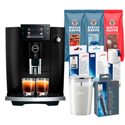 Jura E6 (ED) Piano Black Espressomaskine Inkl. Startpakke (DK sprog), Plejepakke, Mælkekande & 3kg Rigtig Kaffe