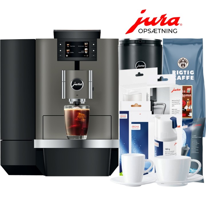 Jura X10 (EA) Dark Inox Espressomaskine Inkl. 1L Cooler, Pleje, Kaffe, Fast vandtilslutning & Opsætning Jura X10 (EA) Dark Inox Espressomaskine Inkl. 1L Cooler, Pleje, Kaffe, Fast vandtilslutning & Opsætning
