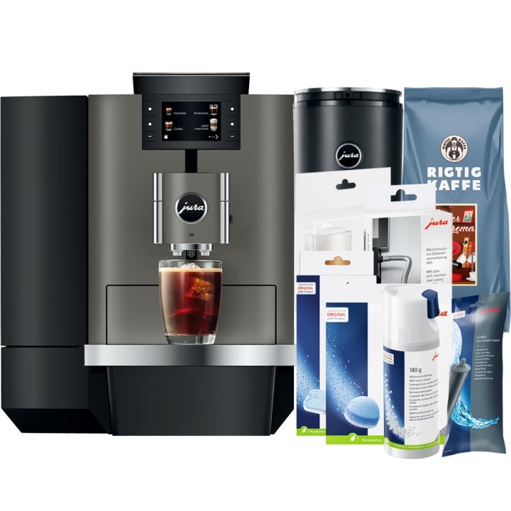 Jura X10 (EA) Dark Inox Espressomaskine Inkl. 1L Cooler, Pleje & 12kg Kaffe Jura X10 (EA) Dark Inox Espressomaskine Inkl. 1L Cooler, Pleje & 12kg Kaffe