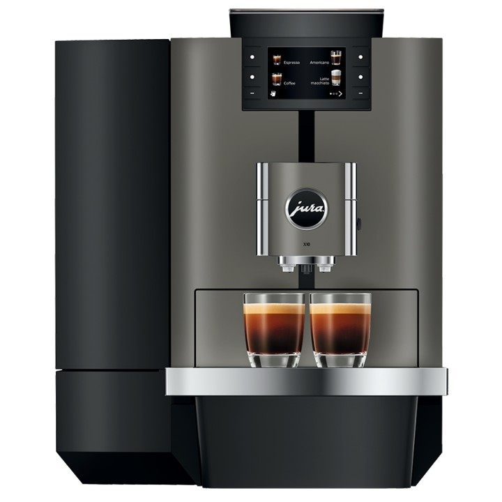 Jura X10 (EA) Dark Inox Espressomaskine Inkl. 2,5L Cooler, Pleje, Kaffe & Fast Vandtilslutning Jura X10 (EA) Dark Inox Espressomaskine Inkl. 2,5L Cooler, Pleje, Kaffe & Fast Vandtilslutning
