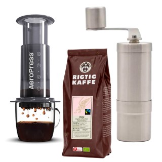AeroPress Rejsebrygger Inkl. Rhinowares Kaffekværn & 400g Rigtig Kaffe Organic Peru