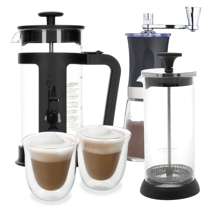 Bialetti Smart 3 Kop. Stempelkande Inkl. Kaffemølle, Mælkeskummer & Glas Bialetti Smart 3 Kop. Stempelkande Inkl. Kaffemølle, Mælkeskummer & Glas