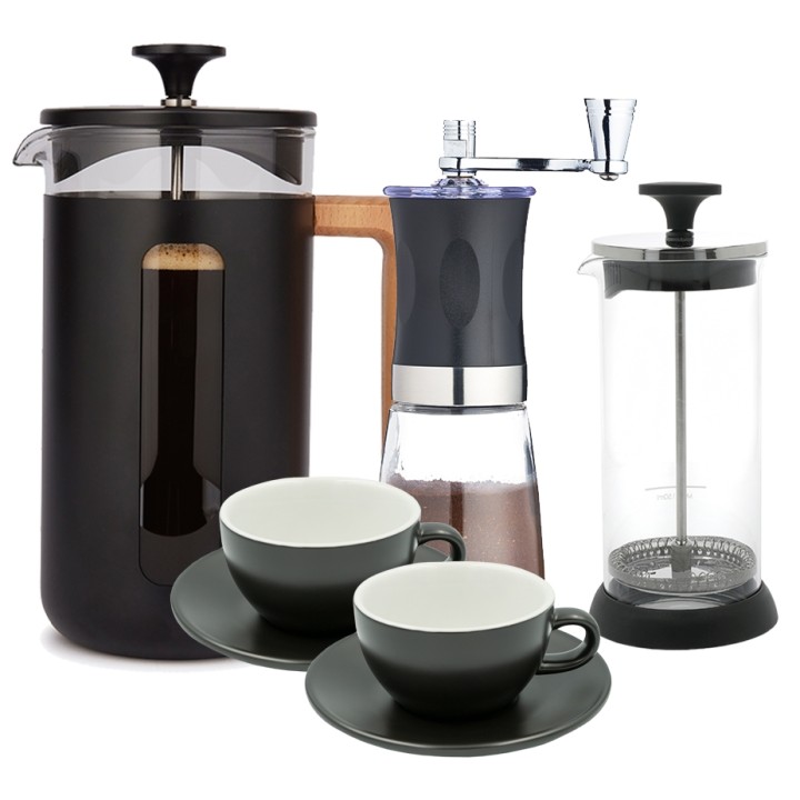 La Cafetière Pisa 3 Kop. Stempelkande Sort, Kaffemølle, Mælkeskummer og Club House Tulipano Cappuccino kopper La Cafetière Pisa 3 Kop. Stempelkande Sort, Kaffemølle, Mælkeskummer og Club House Tulipano Cappuccino kopper