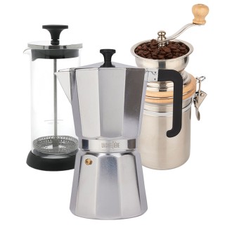 La Cafetière Venice 12 Kop. Espressokande Stål Inkl. La Cafetière Manuel Kaffemølle Stål & La Cafetière Mælkeskummer Glas/Sort