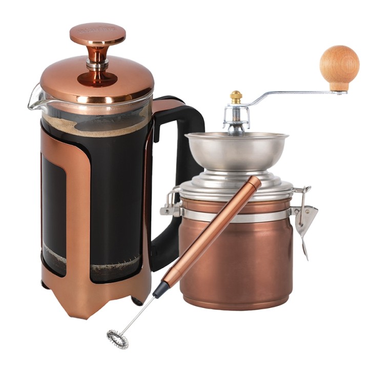 La Cafetière Roma 8 Kop. Stempelkande Kobber Inkl. Manuel Kaffemølle & Mælkeskummer La Cafetière Roma 8 Kop. Stempelkande Kobber Inkl. Manuel Kaffemølle & Mælkeskummer