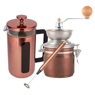 La Cafetière Pisa 3 Kop. Stempelkande Kobber Inkl. Manuel Kaffemølle & Mælkeskummer