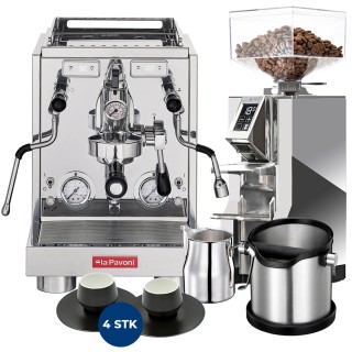 La Pavoni New Botticelli Specialty LPSBSS03NO Espressomaskine Inkl. Eureka Libra Chrome kværn, Baristaudstyr & 4 kopper