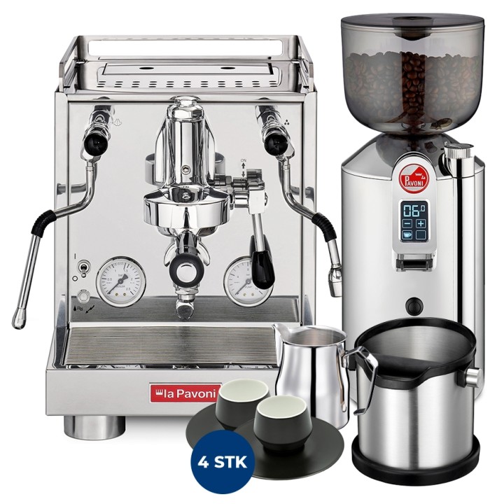 La Pavoni New Cellini Evolution LPSCVS01NO Inkl. Eureka Mignon Bravo Espressokværn, Baristaudstyr & Kopper
