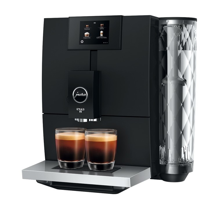 Jura ENA 8 (EC) Full Metropolitan Black Inkl. Plejepakke, Mælkebeholder, Mælkerens, Filtre & 3x1000g Rigtig Kaffe Super Crema
