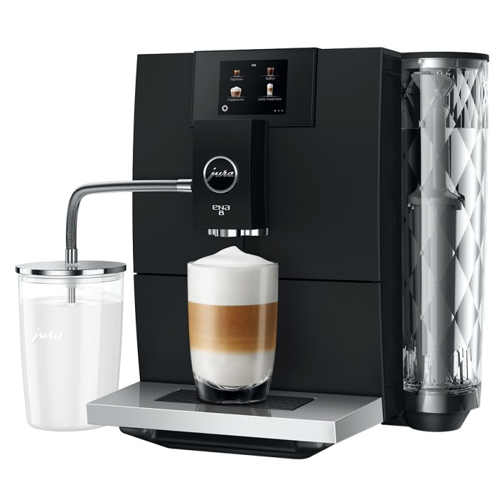 Jura ENA 8 (EC) Full Metropolitan Black Inkl. Plejepakke, Mælkebeholder, Mælkerens, Filtre & 3x1000g Rigtig Kaffe Super Crema