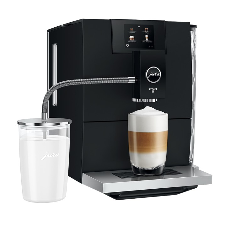Jura ENA 8 (EC) Full Metropolitan Black Inkl. Plejepakke, Mælkebeholder, Mælkerens, Filtre & 3x1000g Rigtig Kaffe Super Crema