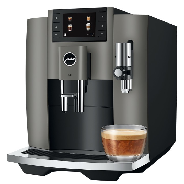 Jura E8 (EC) Dark Inox Espressomaskine Inkl. Startpakke (DK sprog), Mælkebeholder, Rigtig Kaffe & Pleje