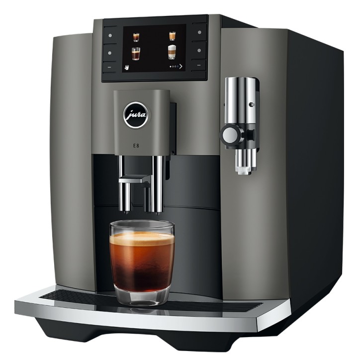 Jura E8 (EC) Dark Inox Espressomaskine Inkl. Startpakke (DK sprog), Mælkebeholder, Rigtig Kaffe & Pleje