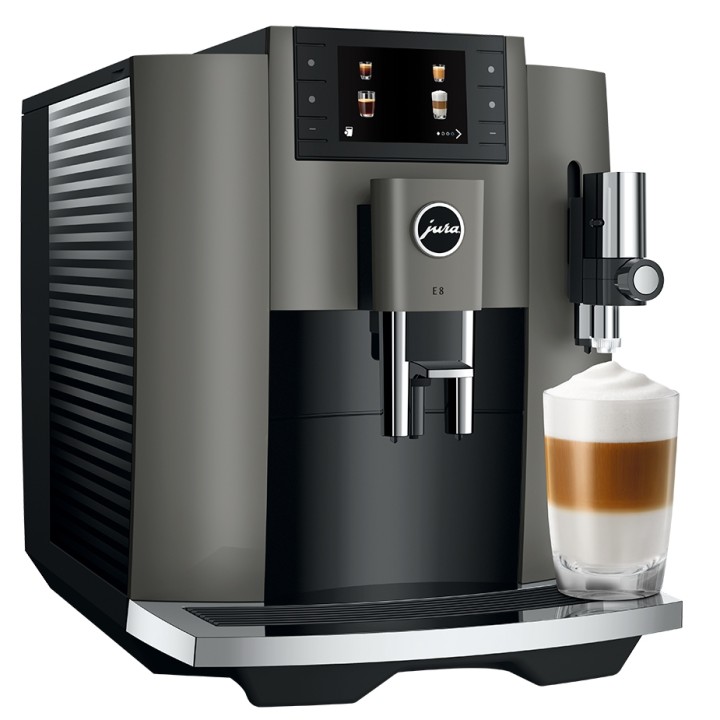 Jura E8 (EC) Dark Inox Espressomaskine Inkl. Startpakke (DK sprog), Mælkebeholder, Rigtig Kaffe & Pleje