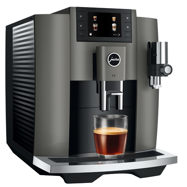 Jura E8 (EC) Dark Inox Espressomaskine Inkl. Startpakke (DK sprog), Mælkebeholder, Rigtig Kaffe & Pleje