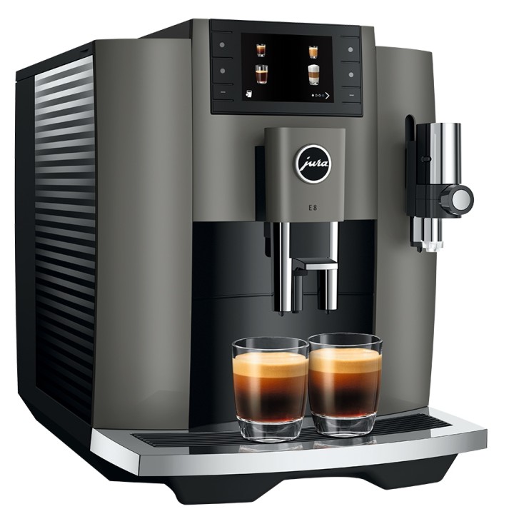 Jura E8 (EC) Dark Inox Espressomaskine Inkl. Startpakke (DK sprog), Mælkebeholder, Rigtig Kaffe & Pleje