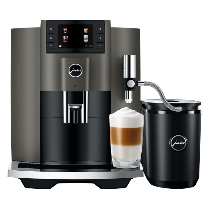 Jura E8 (EC) Dark Inox Espressomaskine Inkl. Startpakke (DK sprog), Mælkebeholder, Rigtig Kaffe & Pleje