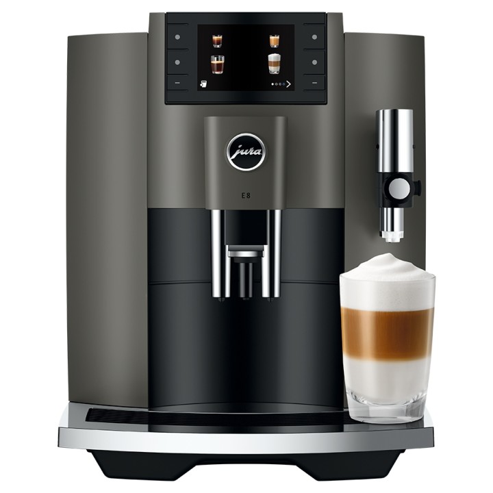 Jura E8 (EC) Dark Inox Espressomaskine Inkl. Startpakke (DK sprog), Mælkebeholder, Rigtig Kaffe & Pleje