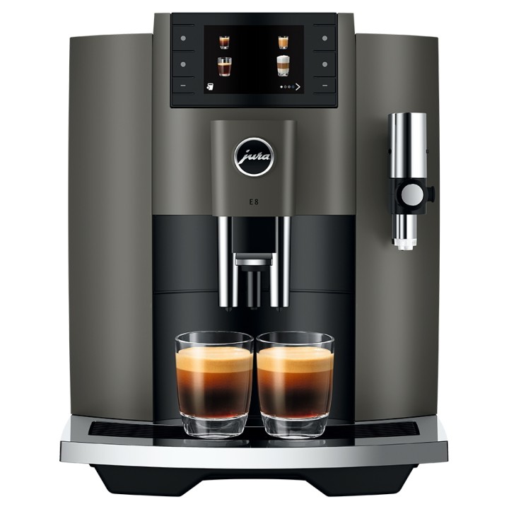Jura E8 (EC) Dark Inox Espressomaskine Inkl. Startpakke (DK sprog), Mælkebeholder, Rigtig Kaffe & Pleje
