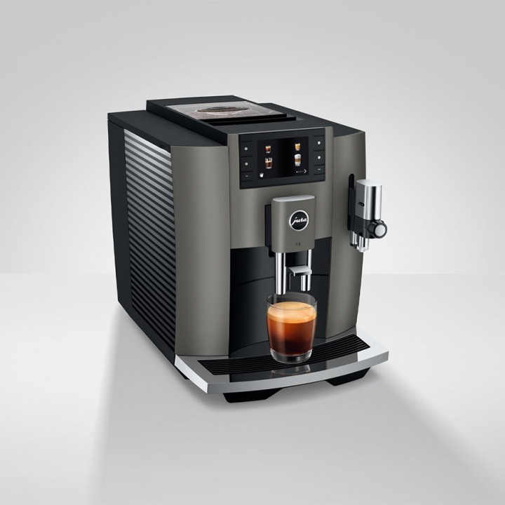 Jura E8 (EC) Dark Inox Espressomaskine Inkl. Startpakke (DK sprog), Mælkebeholder, Rigtig Kaffe & Pleje
