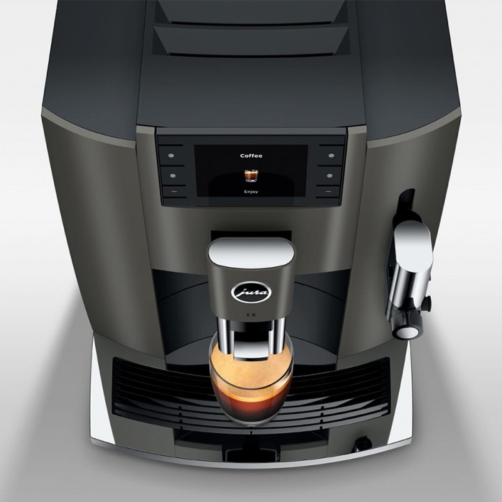 Jura E8 (EC) Dark Inox Espressomaskine Inkl. Startpakke (DK sprog), Mælkebeholder, Rigtig Kaffe & Pleje