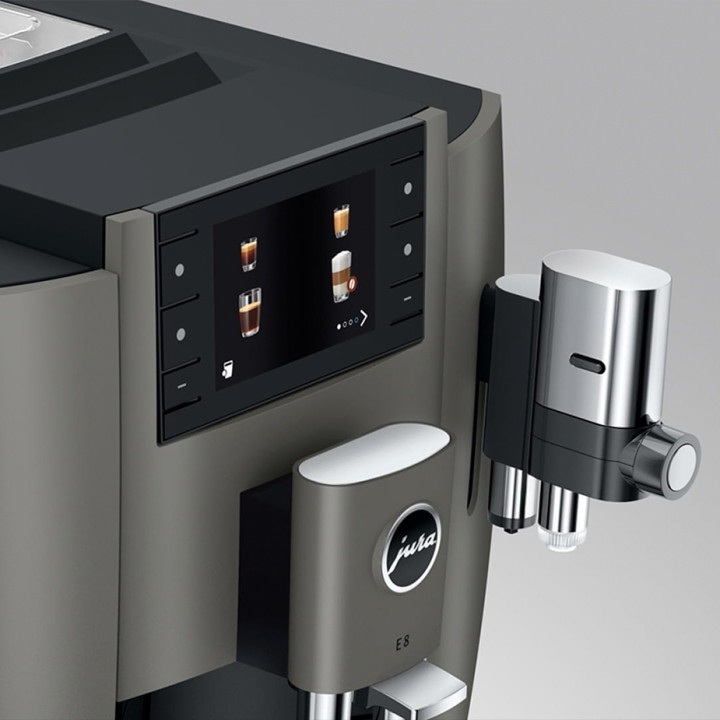 Jura E8 (EC) Dark Inox Espressomaskine Inkl. Startpakke (DK sprog), Mælkebeholder, Rigtig Kaffe & Pleje