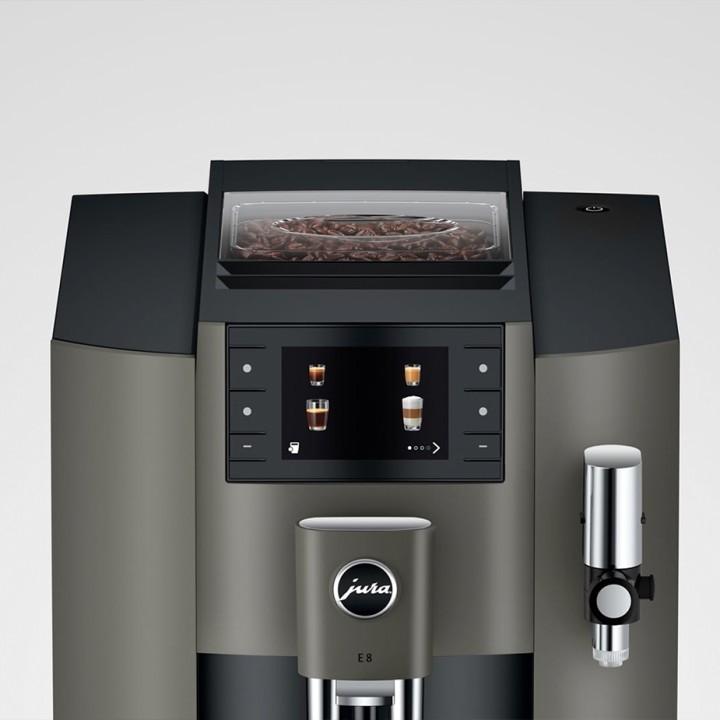 Jura E8 (EC) Dark Inox Espressomaskine Inkl. Startpakke (DK sprog), Mælkebeholder, Rigtig Kaffe & Pleje