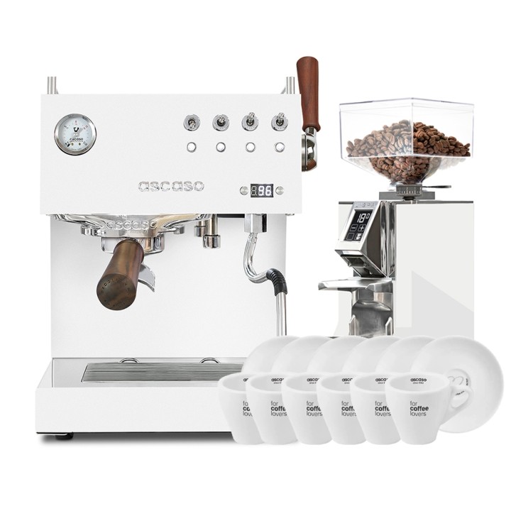 Ascaso Steel Duo Plus White Espressomaskine Inkl. Eureka Mignon Libra Chrome/Hvid Espressokværn & Cappuccinokopper