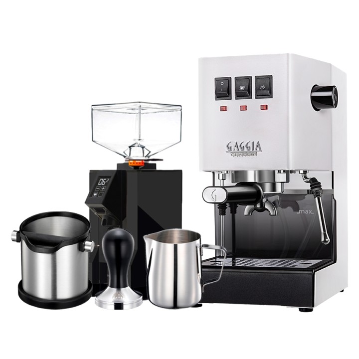 Gaggia Classic E24 Hvid Espressomaskine Inkl. Eureka Mignon Perfetto & Baristaudstyr