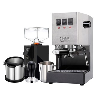 Gaggia Classic E24 Stål Espressomaskine Inkl. Eureka Mignon Perfetto & Baristaudstyr