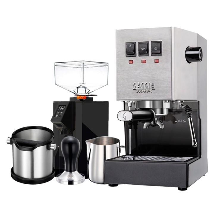 Gaggia Classic E24 Stål Espressomaskine Inkl. Eureka Mignon Perfetto & Baristaudstyr
